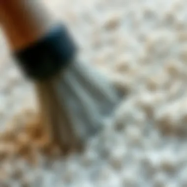 A close-up of carpet fibers being cleaned with a brush.
