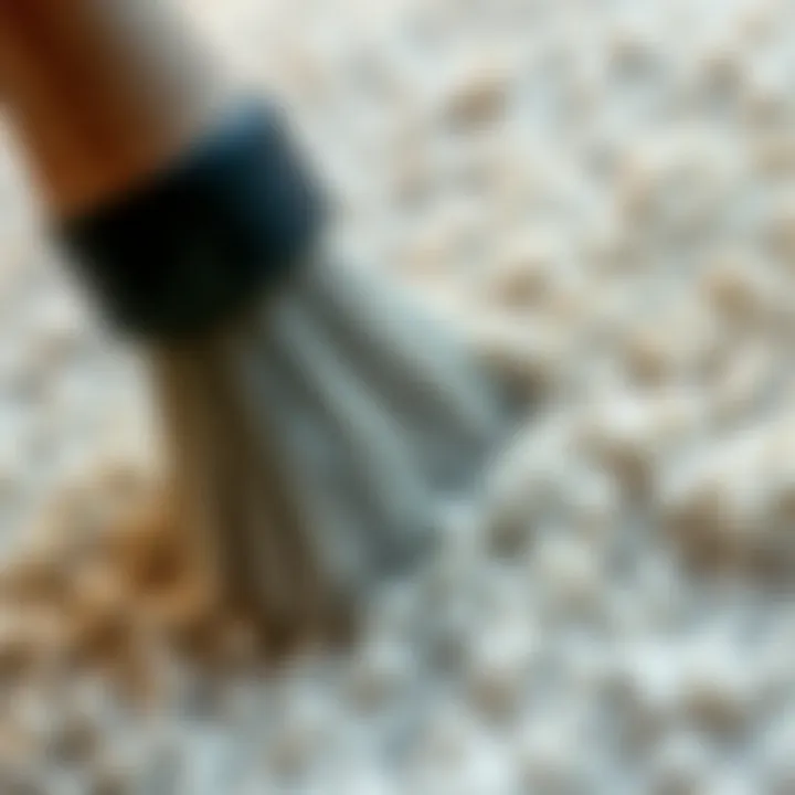 A close-up of carpet fibers being cleaned with a brush.