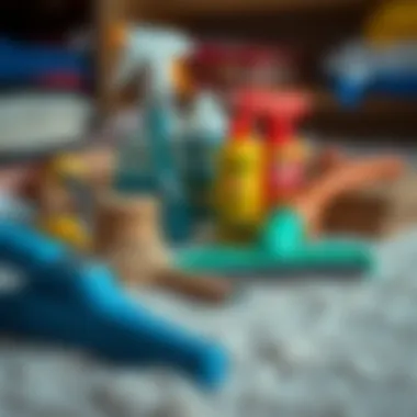 A selection of cleaning tools and products suitable for carpet care.