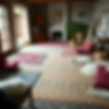 Different types of carpets laid out in a home setting.