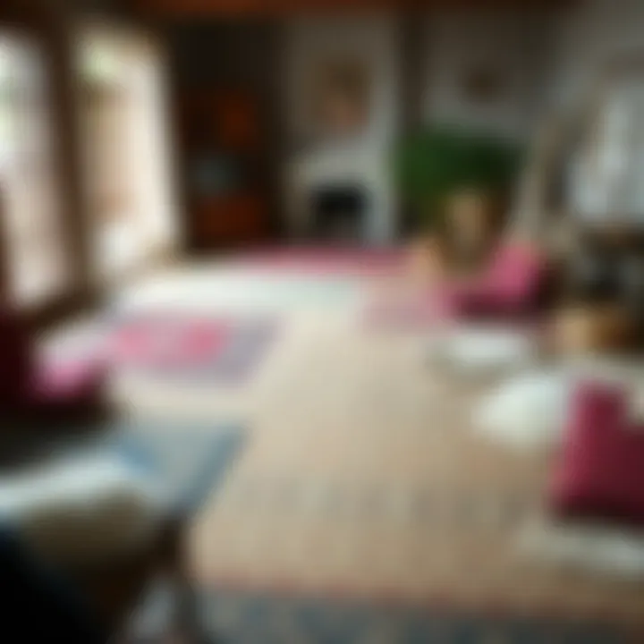 Different types of carpets laid out in a home setting.