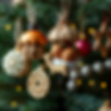 A close-up of handmade ornaments crafted from natural materials