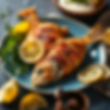 A dish of air-fried fish garnished with lemon slices