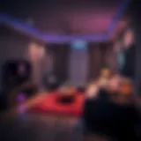 A cozy gaming room with ambient lighting and comfortable furniture