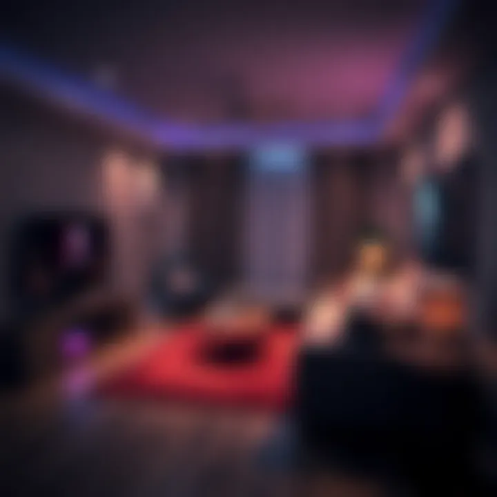 Cozy Gaming Room Design A cozy gaming room with ambient lighting and comfortable furniture