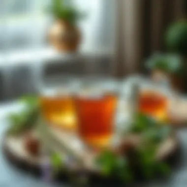 A beautifully arranged herbal tea setting with fresh herbs