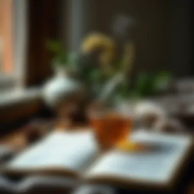 A cozy scene with a steaming cup of linden tea and an open book