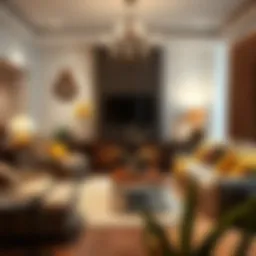 Elegant living room showcasing brown and yellow decor
