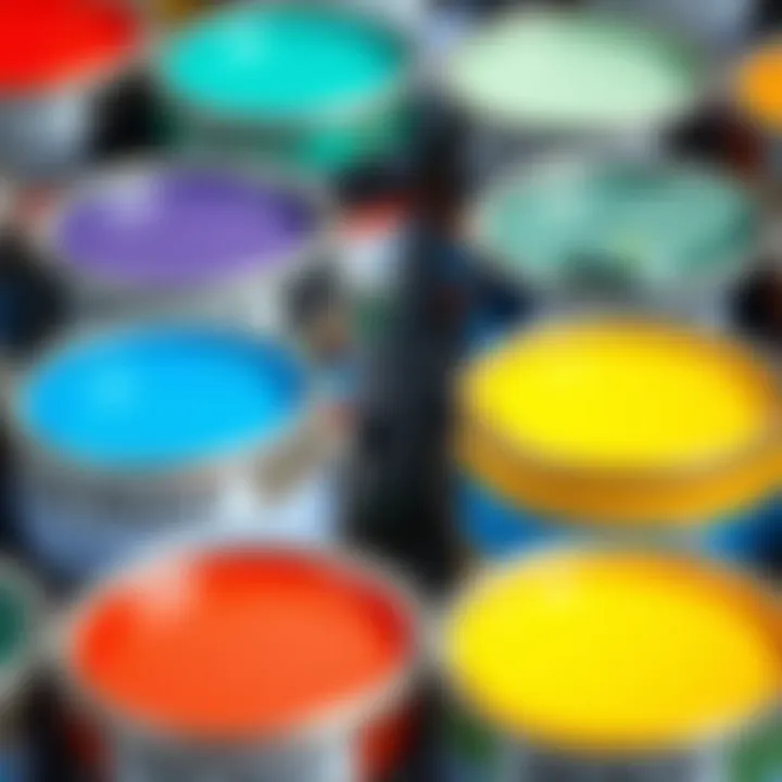 Close-up of paint cans showcasing various types of paint for molding