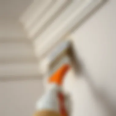 Detailed view of a painter applying texture to cornice with a brush