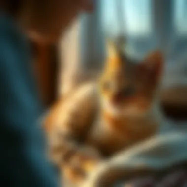 A serene moment between a cat and its owner, bonding.