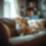 A cozy cat sitting on a couch, looking content.