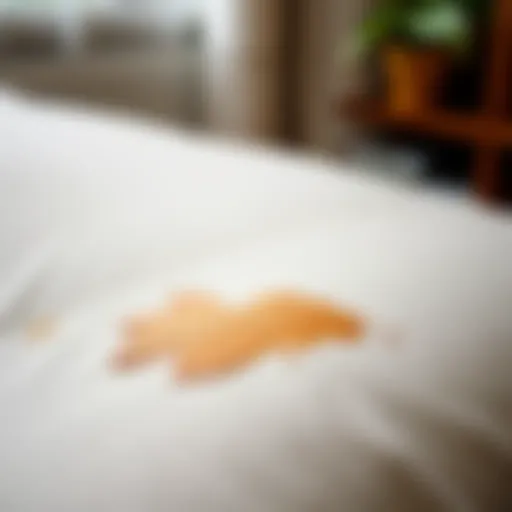 A close-up of a tea stain on a couch fabric