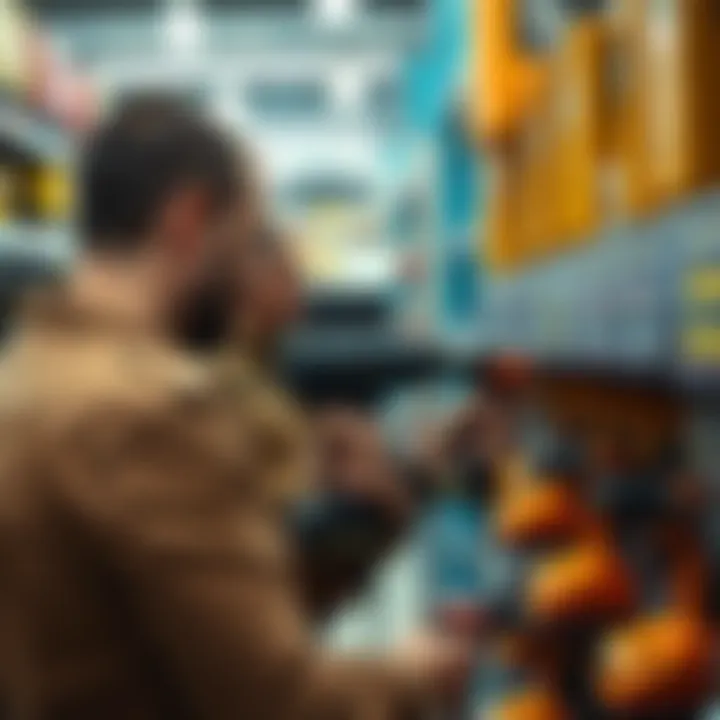 A person evaluating different models of drills in a hardware store.