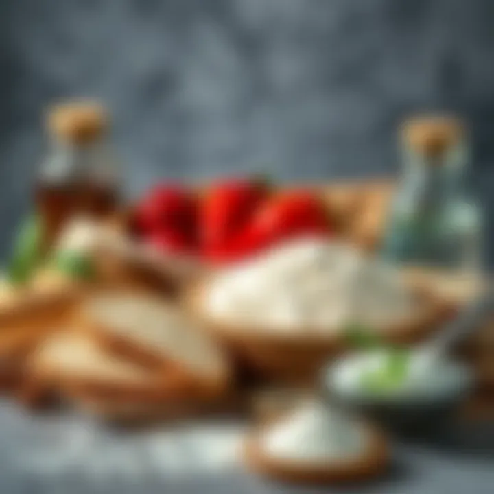 An array of fresh ingredients used in bread-making including flour, salt, and water