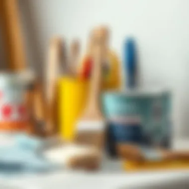 An array of painting supplies including brushes and paint cans