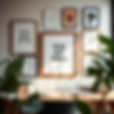 A modern workspace featuring framed art and inspirational quotes.