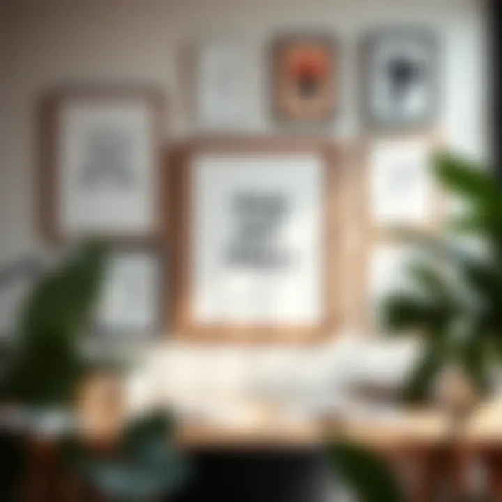 A modern workspace featuring framed art and inspirational quotes.