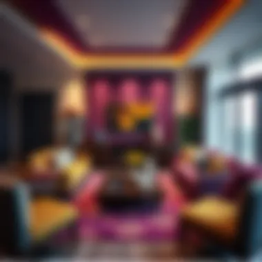 A sophisticated living room showcasing the harmony of purple and yellow decor elements