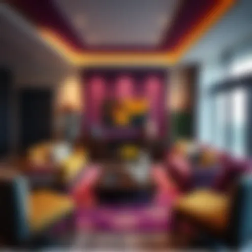 A sophisticated living room showcasing the harmony of purple and yellow decor elements