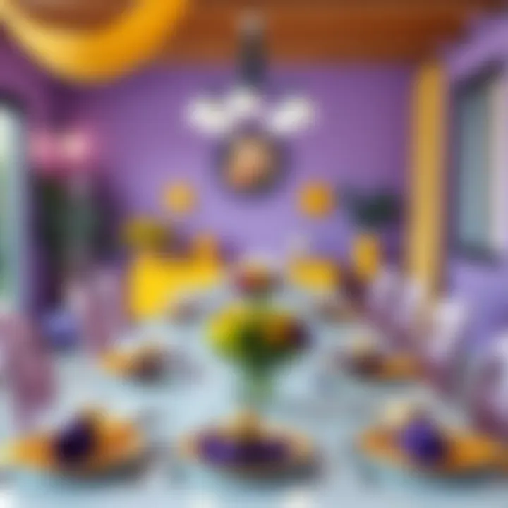 A vibrant dining area featuring purple and yellow table settings