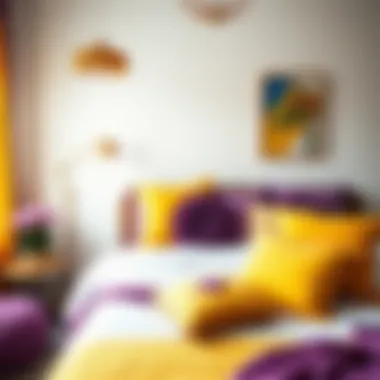 A cozy bedroom adorned with purple and yellow decorative pillows and linens