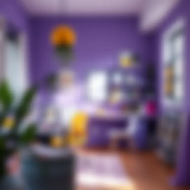 An artful workspace highlighting the balance of purple and yellow in design