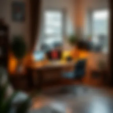 Cozy Home Office Setup Cozy home office with warm lighting and inviting decor