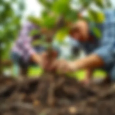 A gardener inspecting the roots of a plum sapling.