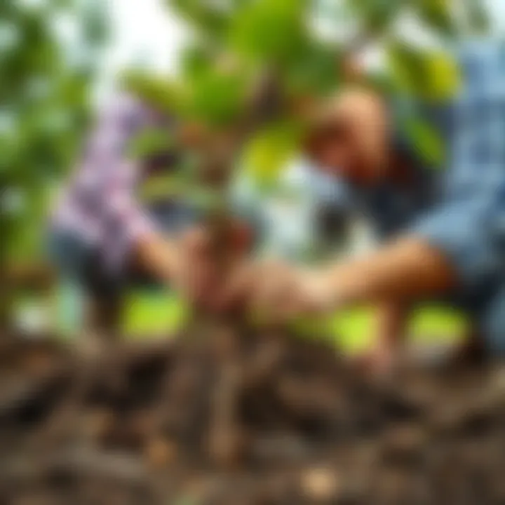 A gardener inspecting the roots of a plum sapling.