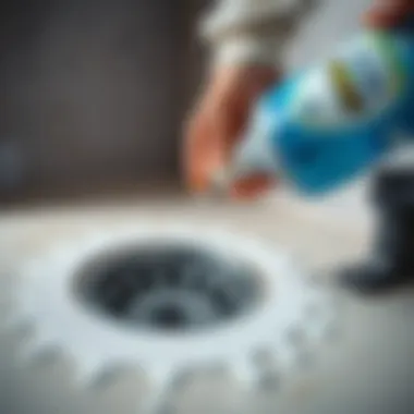 A person carefully pouring a cleaning solution into the shower drain