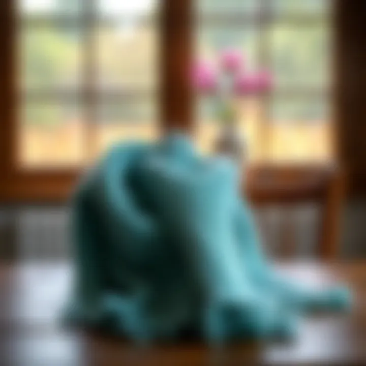 Knitted scarf displayed on a wooden table