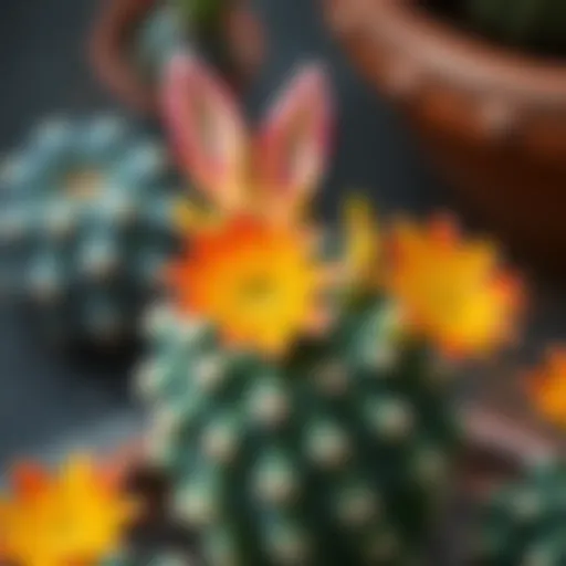 Close-up of a blooming rabbit cactus showcasing vibrant flowers