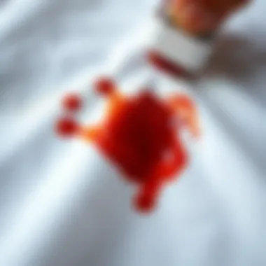 A close-up of a stain being treated on white fabric