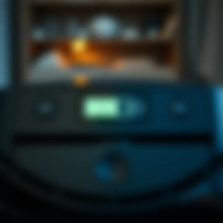 A digital display showing the battery status of a robot vacuum