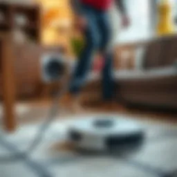 A sleek robot vacuum in action, navigating around furniture