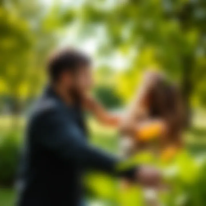 Couple playfully interacting in a lush green park