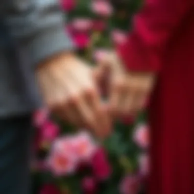 Intimate close-up of a couple's hands intertwined with flowers in the background