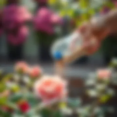 Nutrient-rich fertilizer being applied to rose plants, ensuring optimal growth.