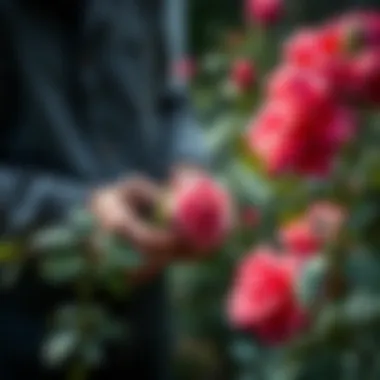 A gardener pruning roses with precision, highlighting essential techniques.
