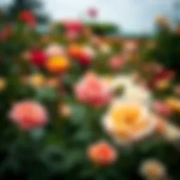 A vibrant rose garden in full bloom, showcasing various rose varieties.