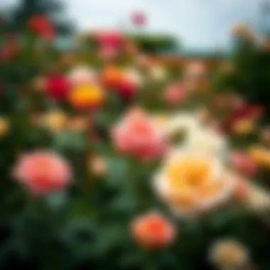 A vibrant rose garden in full bloom, showcasing various rose varieties.