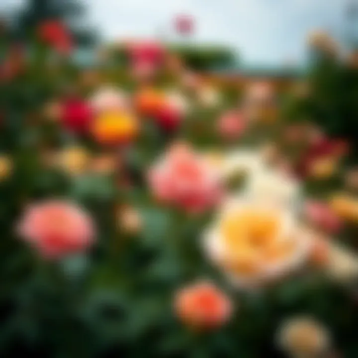 A vibrant rose garden in full bloom, showcasing various rose varieties.
