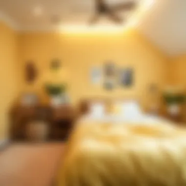 Soft pastel yellow bedroom with cozy elements