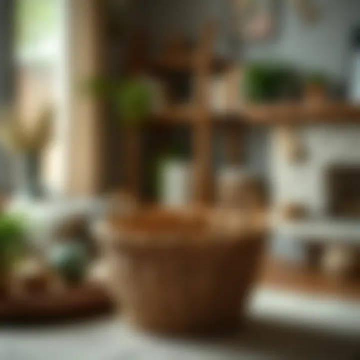 A finished decorative basket placed in a stylish home setting