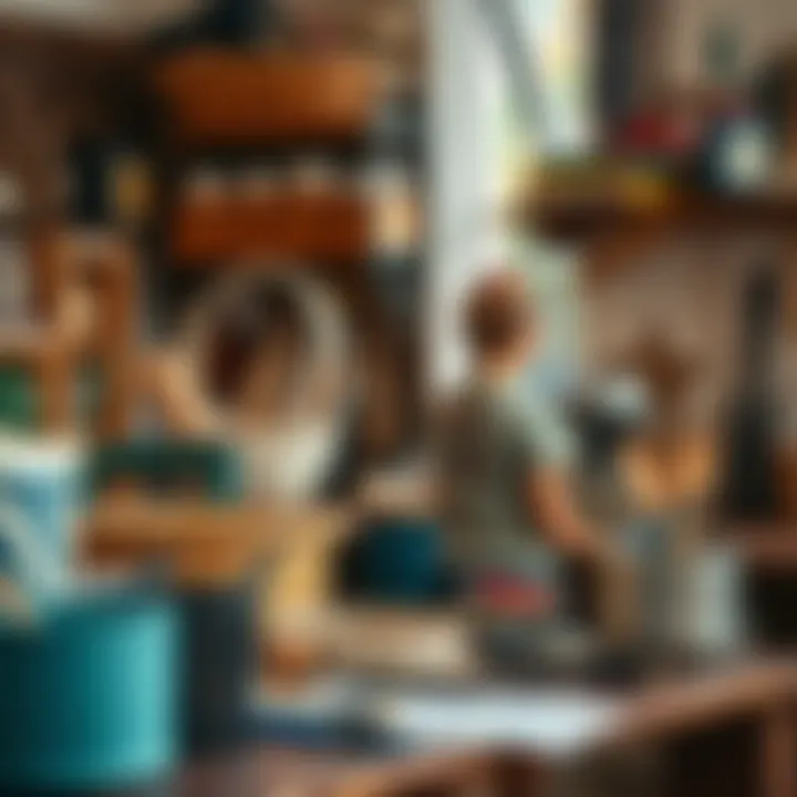 An organized workspace with tools and materials for crafting baskets