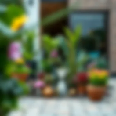 A beautifully arranged small garden showcasing diverse plant life and decorative elements