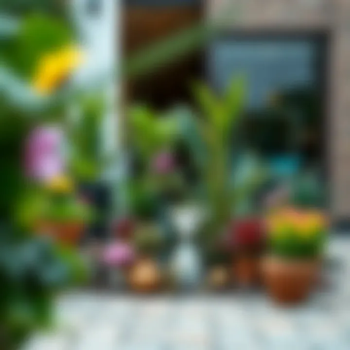 A beautifully arranged small garden showcasing diverse plant life and decorative elements