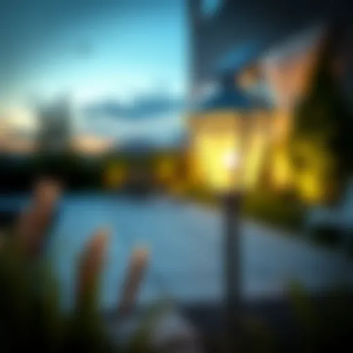 Elegant solar lamp illuminating a modern garden at dusk