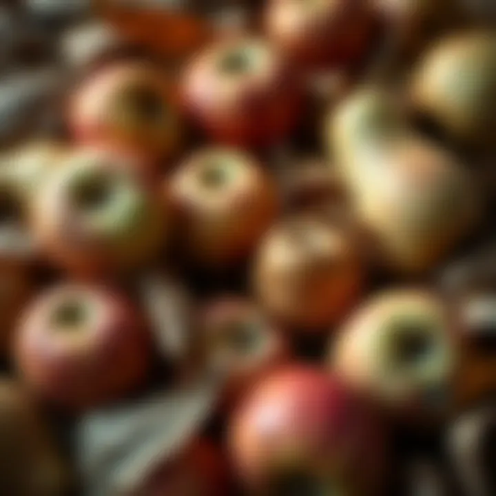 Close-up of freshly harvested apples and pears surrounded by fallen leaves